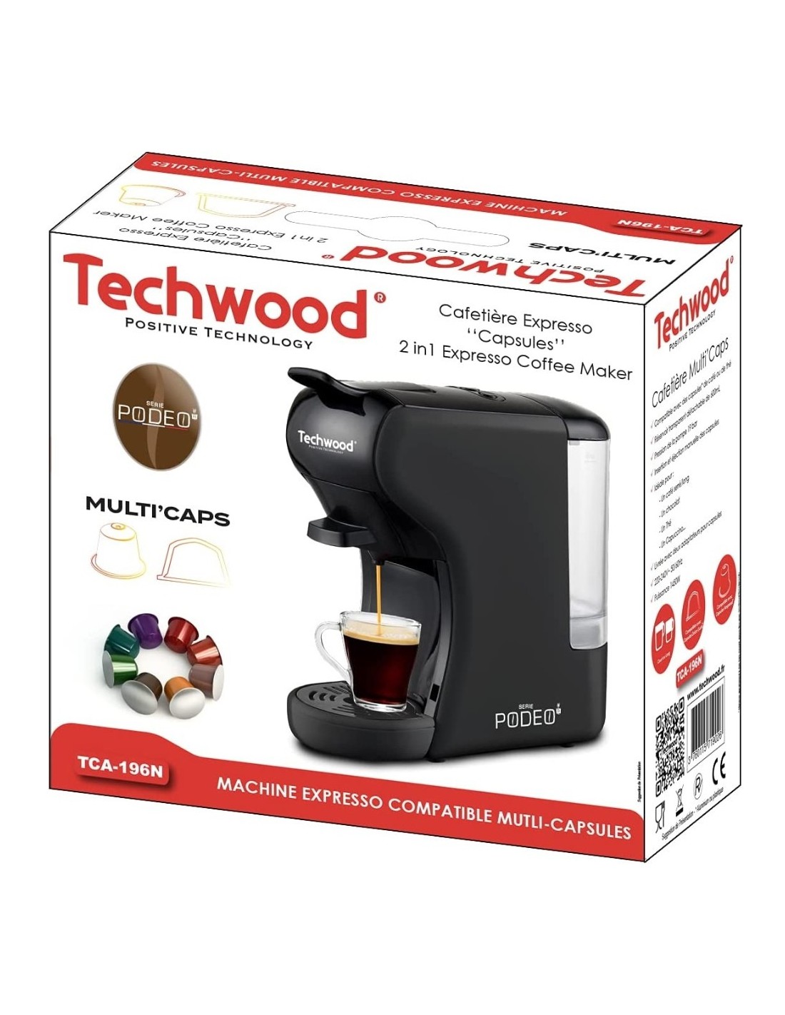 Кафемашина за 2 вида капсули Techwood TCA-196N, Dolce Gusto и Nespresso ...